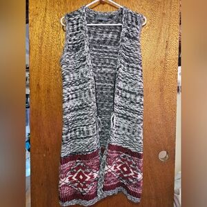 Almost Famous Boho Knit Sleeveless Cardigan Vest Aztec Pattern Tassel Tie Small